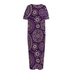 Purple Bohemian Mandala Pattern Print Short Sleeve Long Nightdress