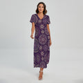 Purple Bohemian Mandala Pattern Print Short Sleeve Maxi Dress