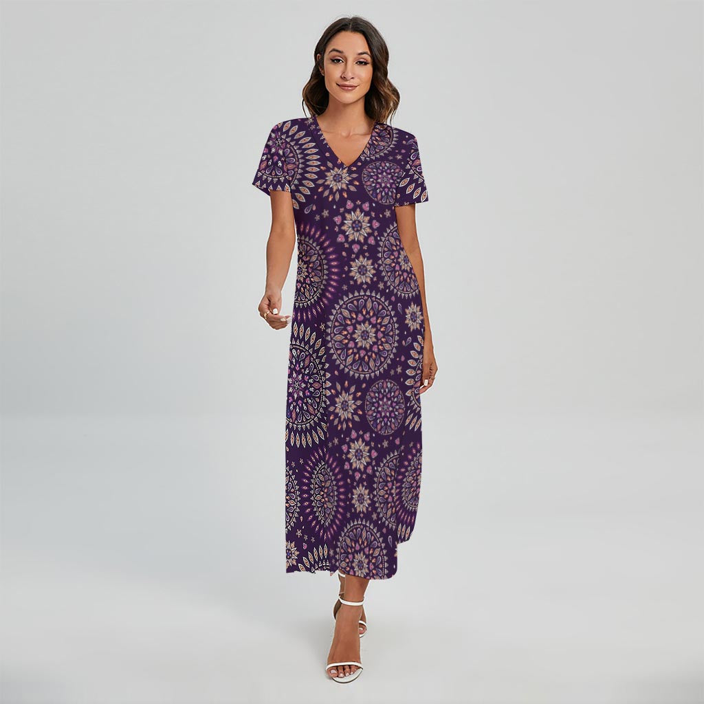 Purple Bohemian Mandala Pattern Print Short Sleeve Maxi Dress