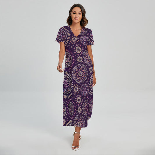 Purple Bohemian Mandala Pattern Print Short Sleeve Maxi Dress