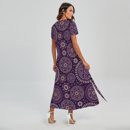 Purple Bohemian Mandala Pattern Print Short Sleeve Maxi Dress
