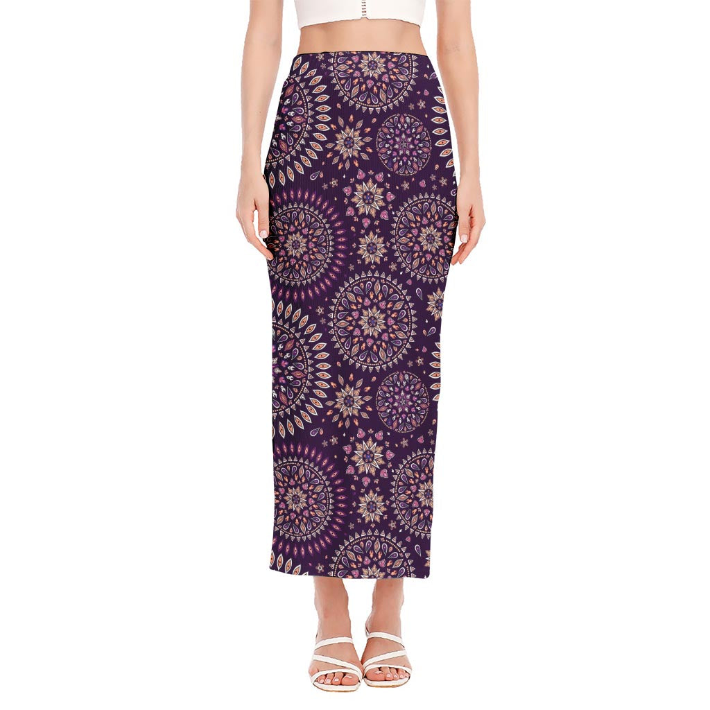 Purple Bohemian Mandala Pattern Print Side Slit Maxi Skirt