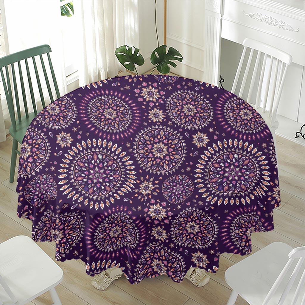 Purple Bohemian Mandala Pattern Print Waterproof Round Tablecloth