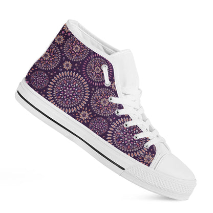 Purple Bohemian Mandala Pattern Print White High Top Sneakers