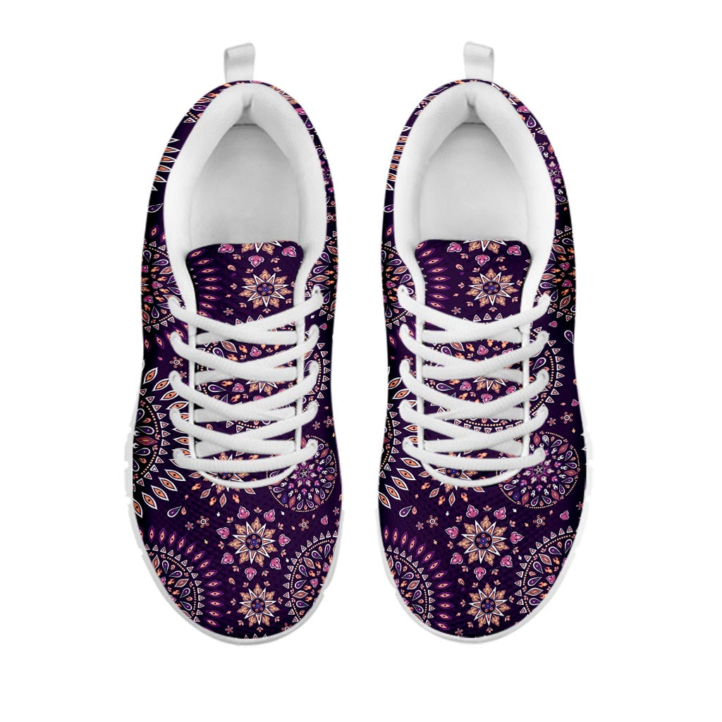 Purple Bohemian Mandala Pattern Print White Running Shoes