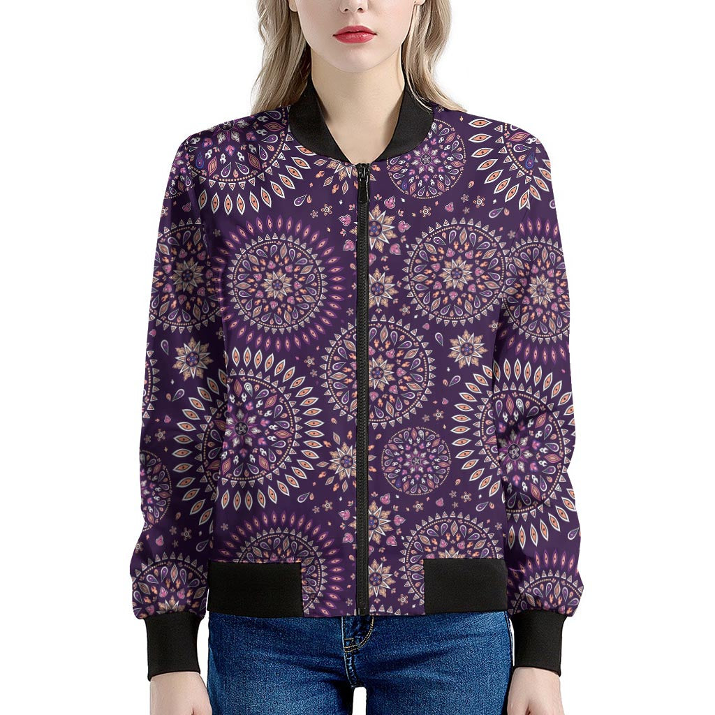 Purple Bohemian Mandala Pattern Print Women's Bomber Jacket