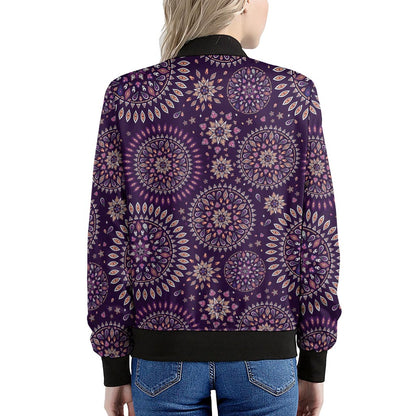 Purple Bohemian Mandala Pattern Print Women's Bomber Jacket