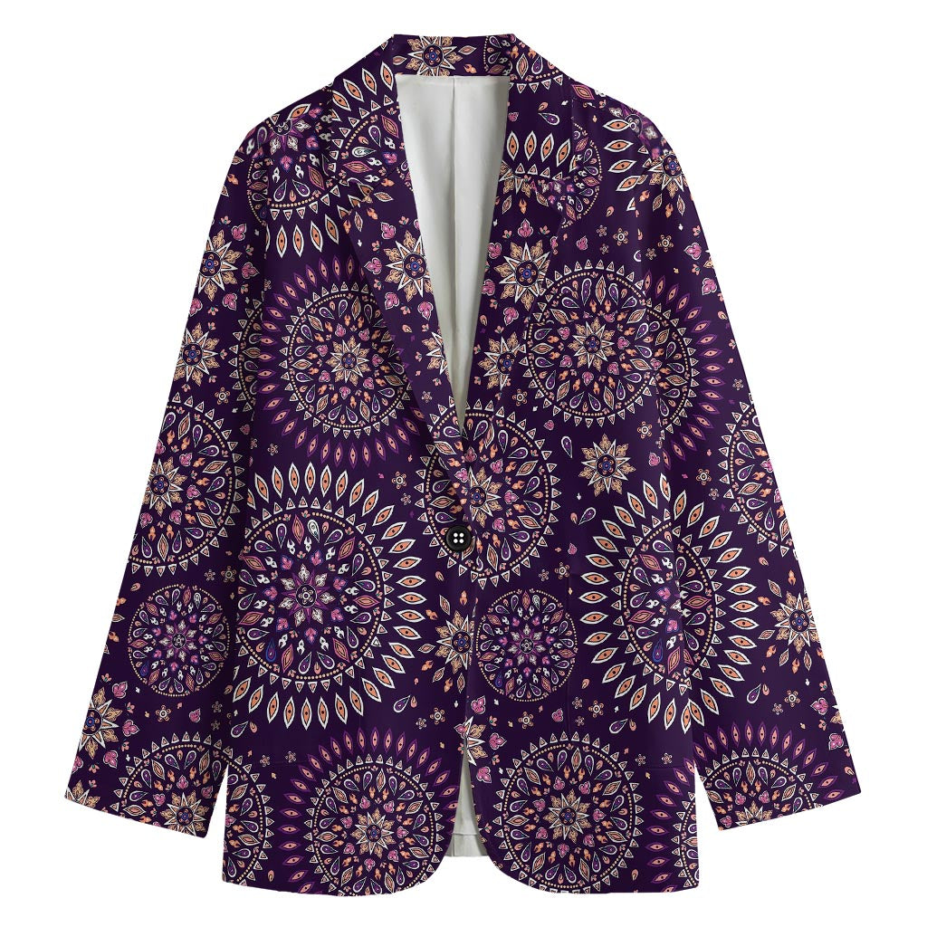 Purple Bohemian Mandala Pattern Print Women's Cotton Blazer