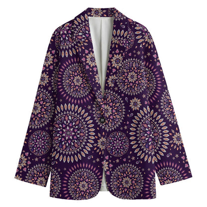 Purple Bohemian Mandala Pattern Print Women's Cotton Blazer