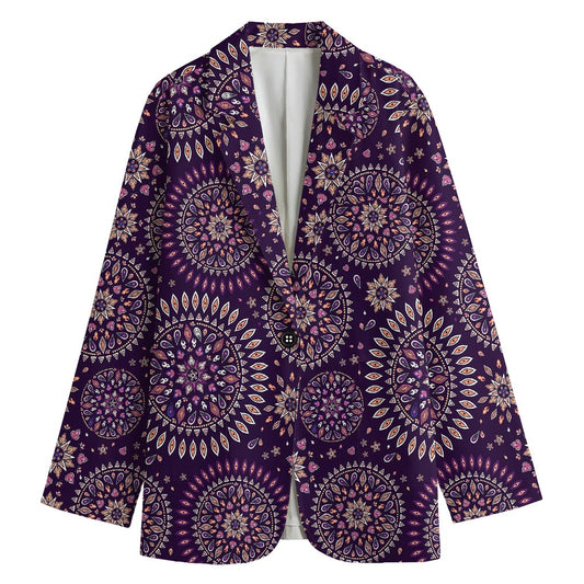 Purple Bohemian Mandala Pattern Print Women's Cotton Blazer