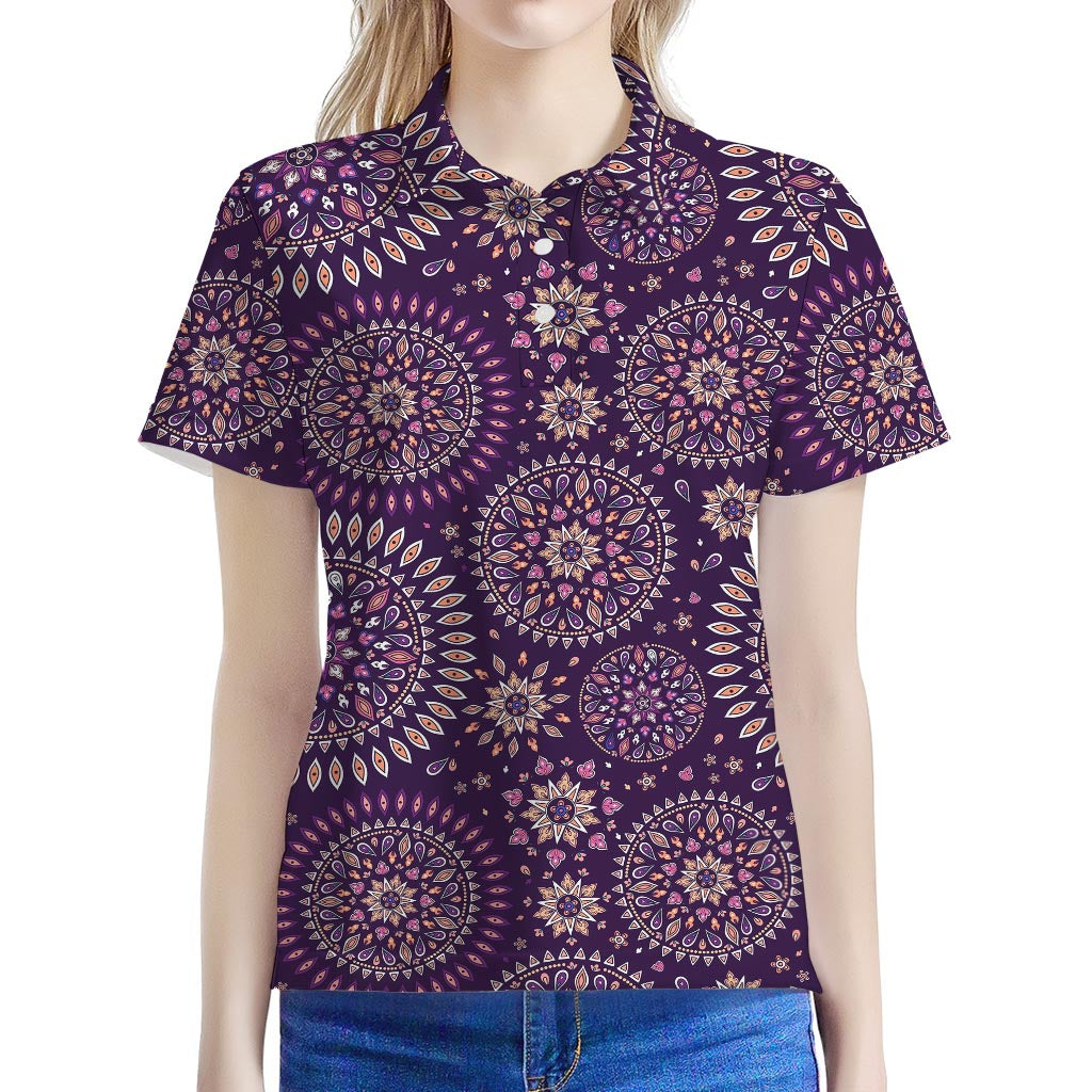 Purple Bohemian Mandala Pattern Print Women's Polo Shirt