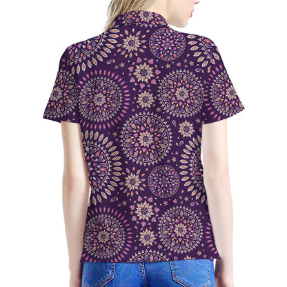 Purple Bohemian Mandala Pattern Print Women's Polo Shirt