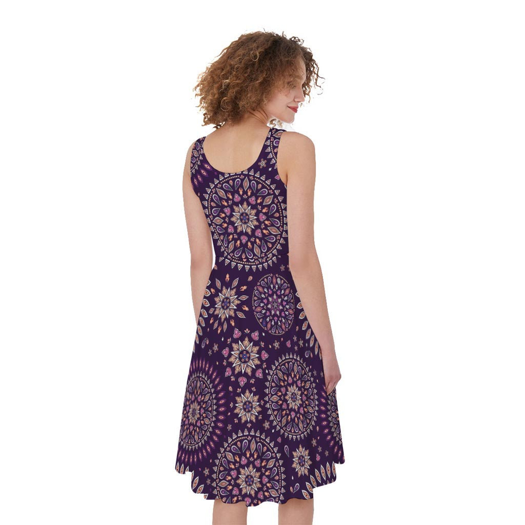 Purple Bohemian Mandala Pattern Print Women's Sleeveless Dress