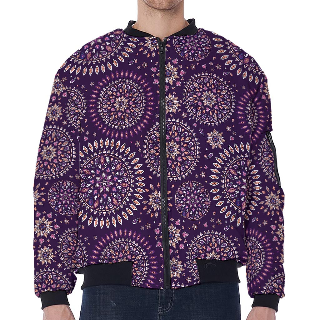 Purple Bohemian Mandala Pattern Print Zip Sleeve Bomber Jacket