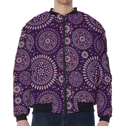 Purple Bohemian Mandala Pattern Print Zip Sleeve Bomber Jacket