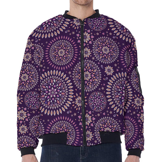 Purple Bohemian Mandala Pattern Print Zip Sleeve Bomber Jacket