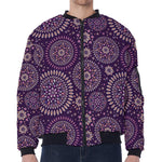 Purple Bohemian Mandala Pattern Print Zip Sleeve Bomber Jacket