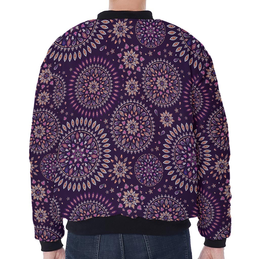 Purple Bohemian Mandala Pattern Print Zip Sleeve Bomber Jacket
