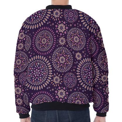 Purple Bohemian Mandala Pattern Print Zip Sleeve Bomber Jacket