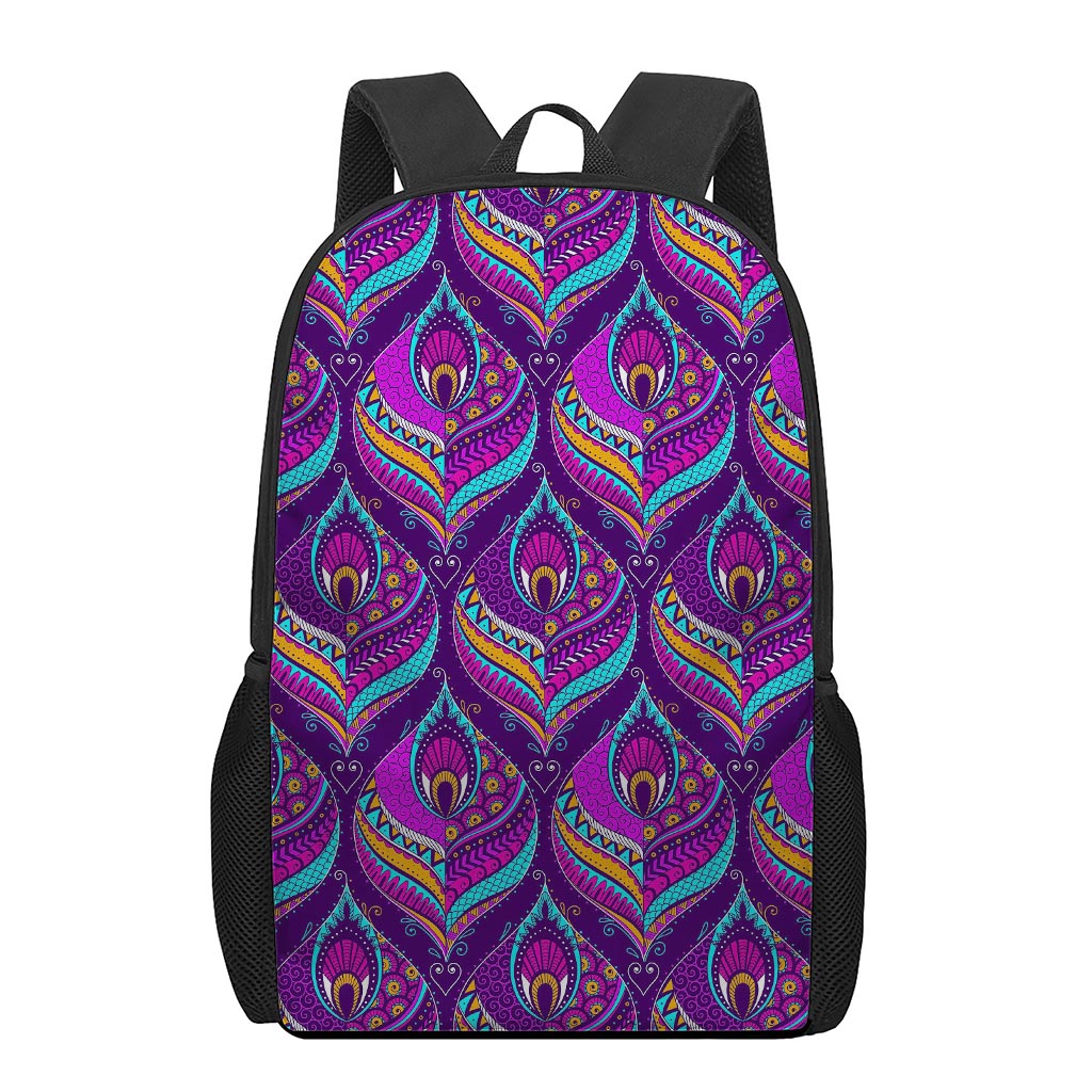 Purple Bohemian Peacock Feather Print 17 Inch Backpack