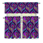 Purple Bohemian Peacock Feather Print 3 Piece Kitchen Curtains