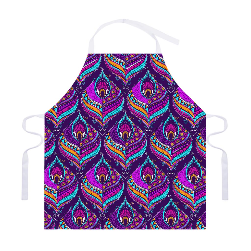 Purple Bohemian Peacock Feather Print Adjustable Apron