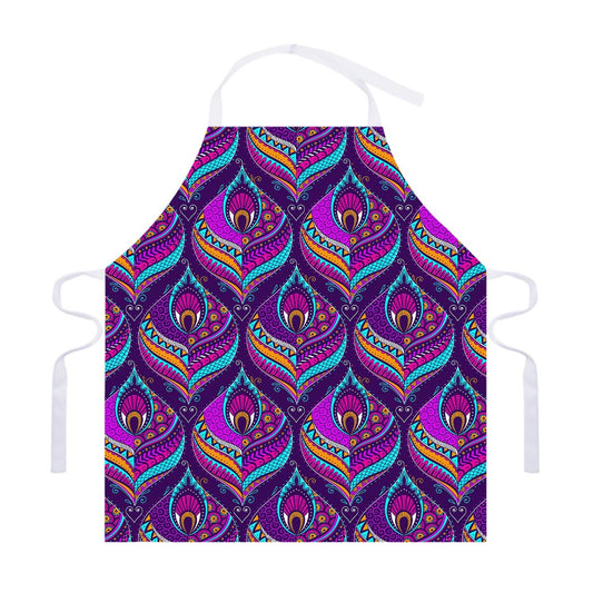 Purple Bohemian Peacock Feather Print Adjustable Apron