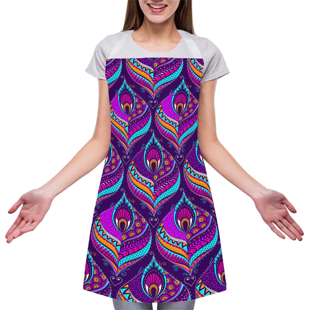 Purple Bohemian Peacock Feather Print Adjustable Apron