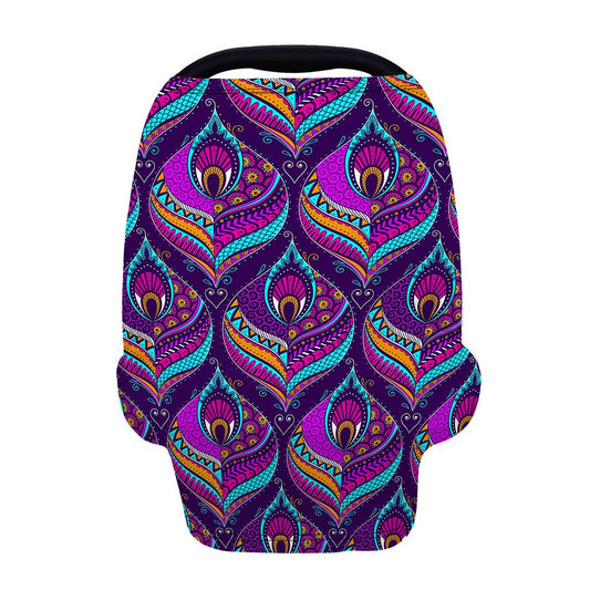 Purple Bohemian Peacock Feather Print Baby Seat Cover