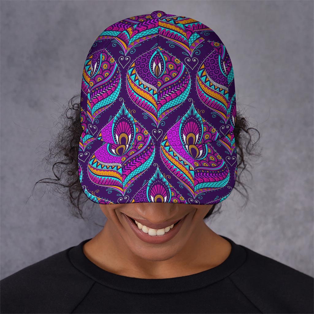 Purple Bohemian Peacock Feather Print Baseball Cap