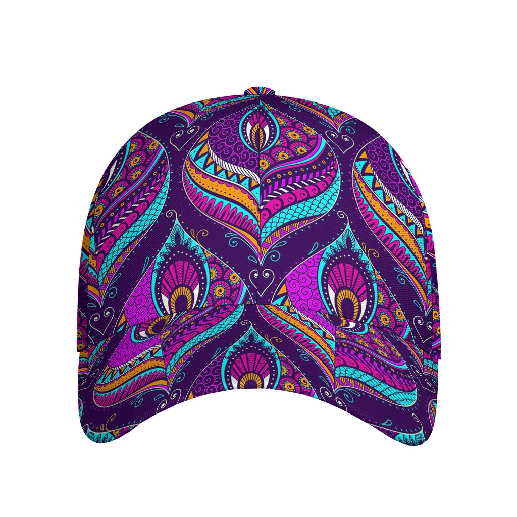 Purple Bohemian Peacock Feather Print Baseball Cap