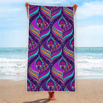 Purple Bohemian Peacock Feather Print Beach Towel