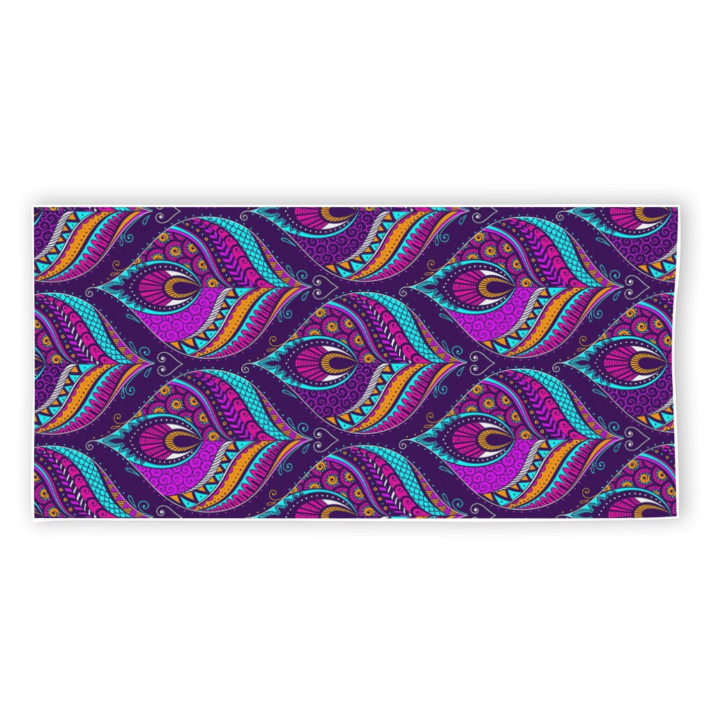 Purple Bohemian Peacock Feather Print Beach Towel