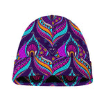 Purple Bohemian Peacock Feather Print Beanie