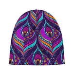 Purple Bohemian Peacock Feather Print Beanie