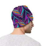 Purple Bohemian Peacock Feather Print Beanie