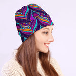 Purple Bohemian Peacock Feather Print Beanie