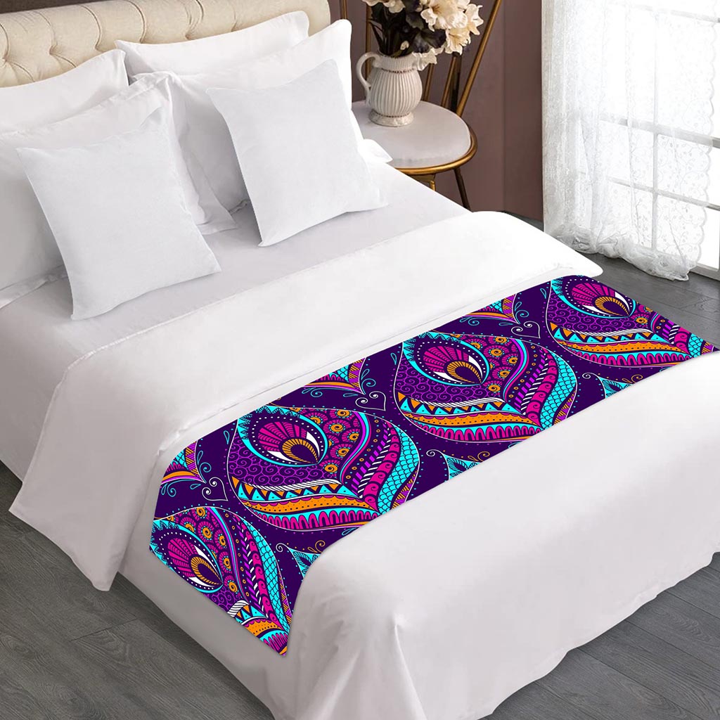 Purple Bohemian Peacock Feather Print Bed Runner