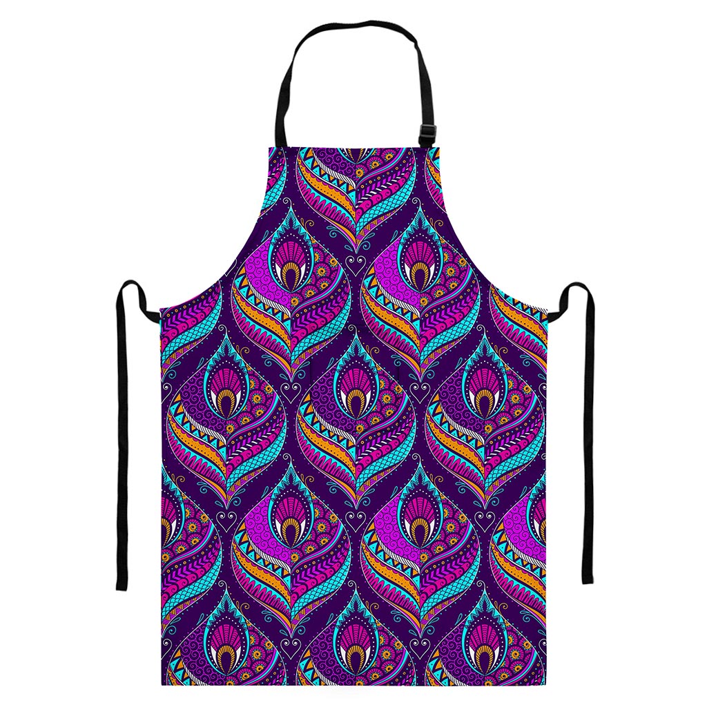 Purple Bohemian Peacock Feather Print Bib Apron With Pocket
