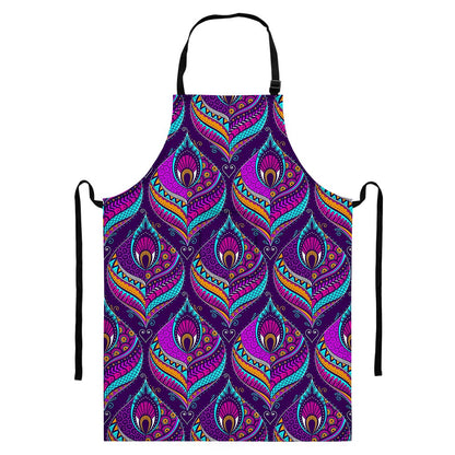 Purple Bohemian Peacock Feather Print Bib Apron With Pocket