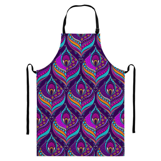 Purple Bohemian Peacock Feather Print Bib Apron With Pocket