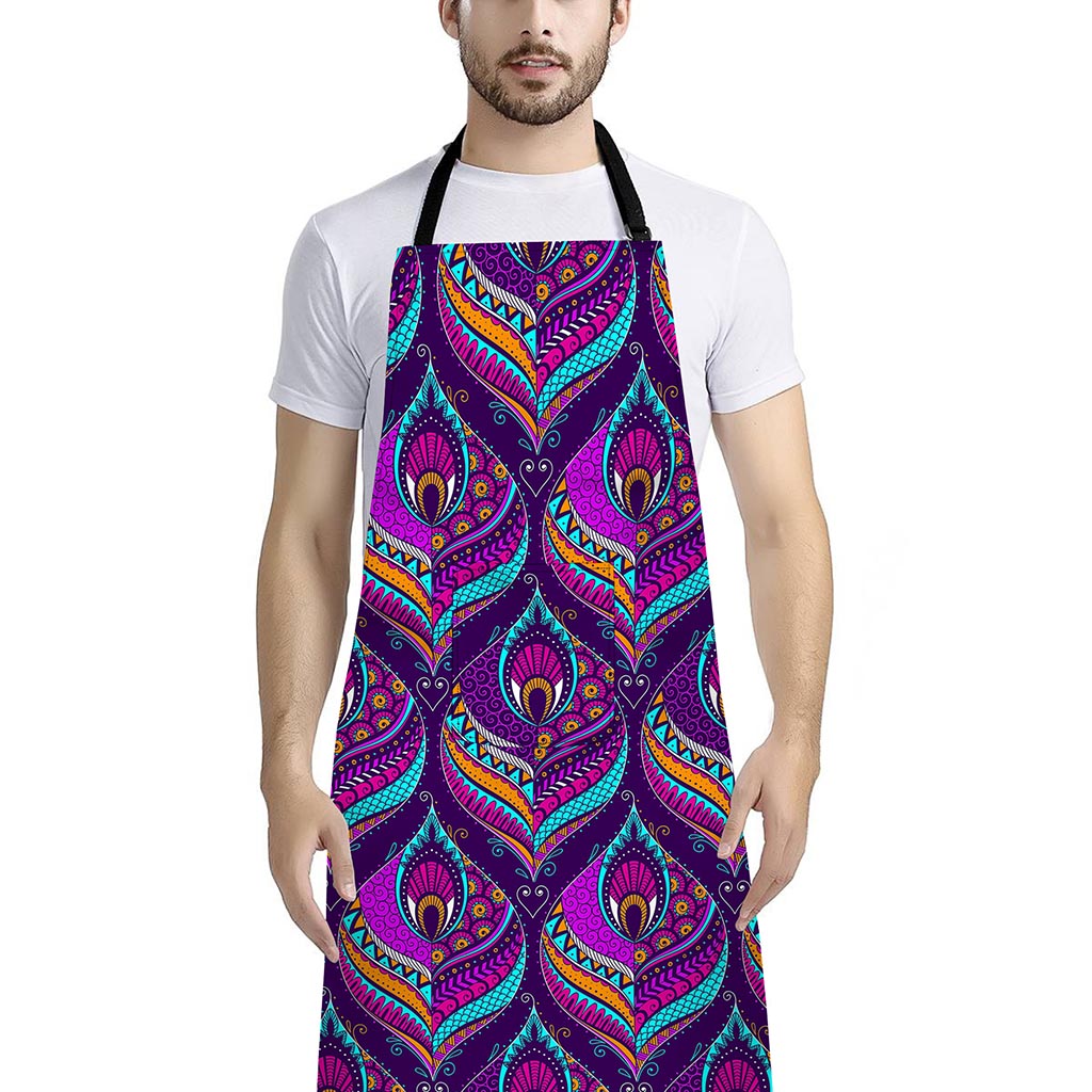 Purple Bohemian Peacock Feather Print Bib Apron With Pocket