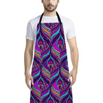 Purple Bohemian Peacock Feather Print Bib Apron With Pocket