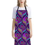 Purple Bohemian Peacock Feather Print Bib Apron With Pocket