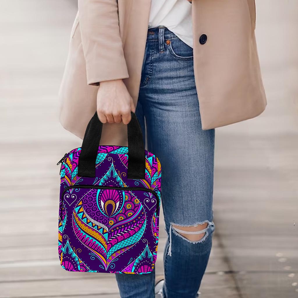 Purple Bohemian Peacock Feather Print Bible Tote Bag