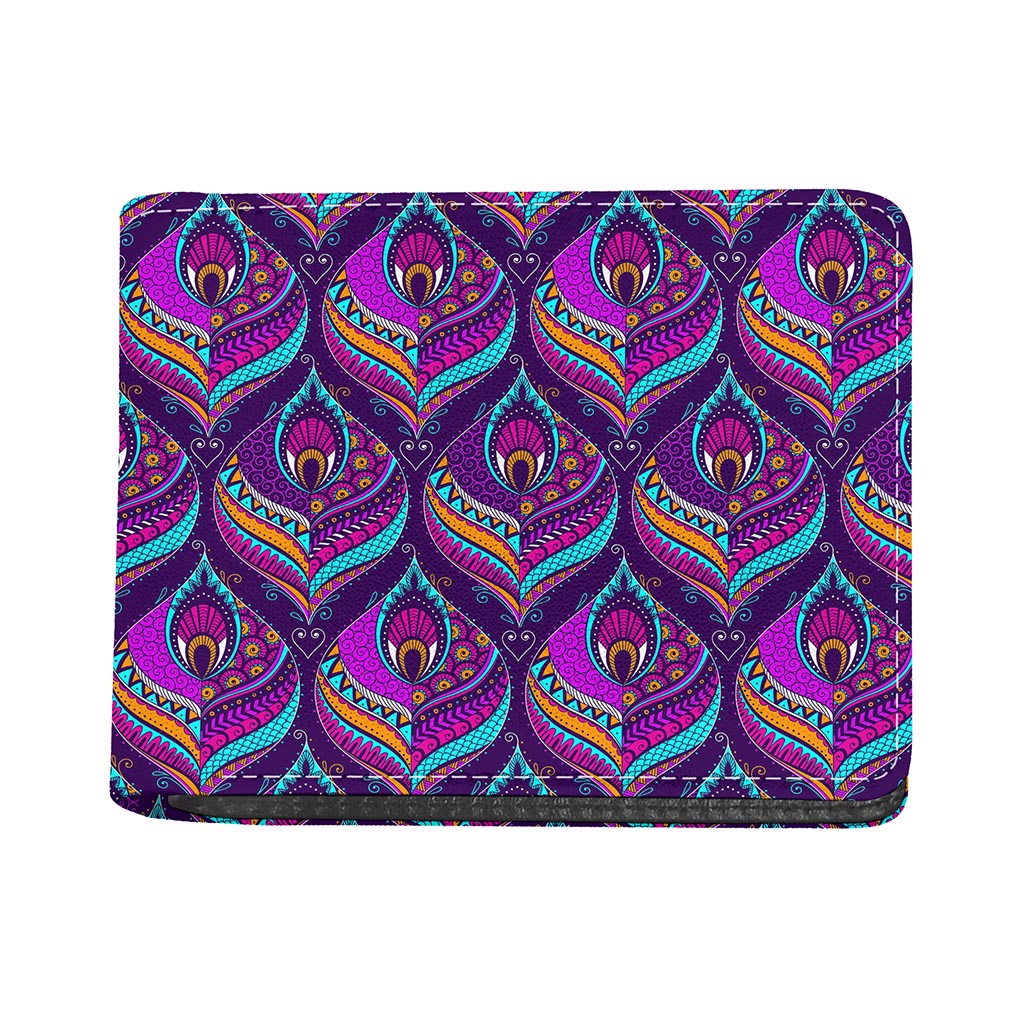Purple Bohemian Peacock Feather Print Bifold Wallet