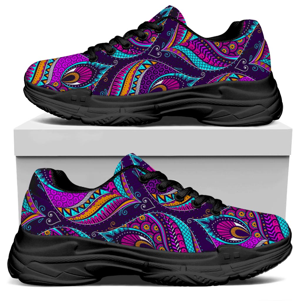 Purple Bohemian Peacock Feather Print Black Chunky Shoes
