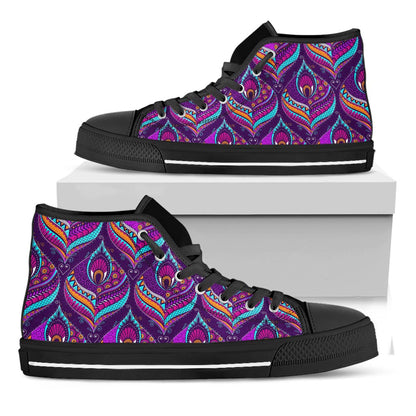 Purple Bohemian Peacock Feather Print Black High Top Sneakers