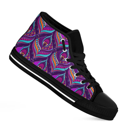 Purple Bohemian Peacock Feather Print Black High Top Sneakers