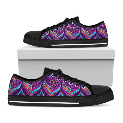 Purple Bohemian Peacock Feather Print Black Low Top Sneakers